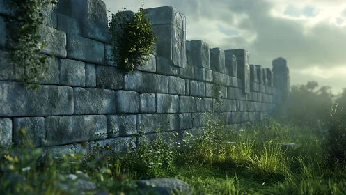 Ancient stone fortress wall bathed in soft morning light.