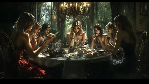 Chiaroscuro banquet tableau with seven pensive women convened.