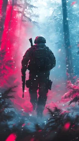 Lone soldier strides through neon-lit winter battlefield.