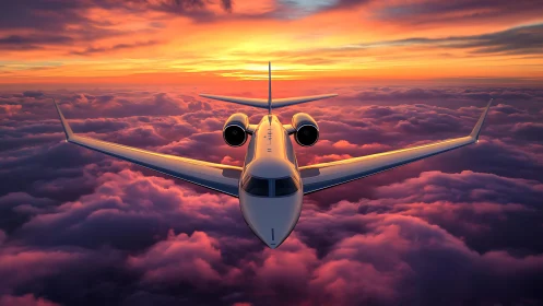 Golden sunset welcomes a sleek jet soaring above soft clouds