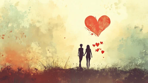Silhouetted couple hand-in-hand beneath floating hearts and large red heart.