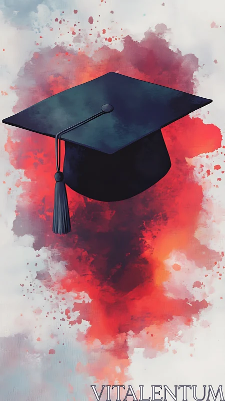 Graduation mortarboard over expressive red watercolor field.