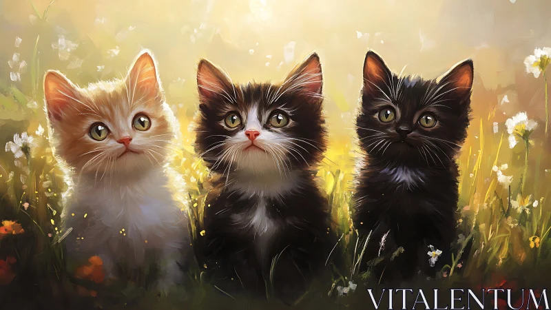Three domestic cats in wildflower meadow rendered with digital painting techniques