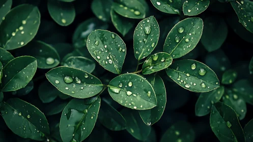 Rain-kissed green leaves glisten softly after a fresh shower.