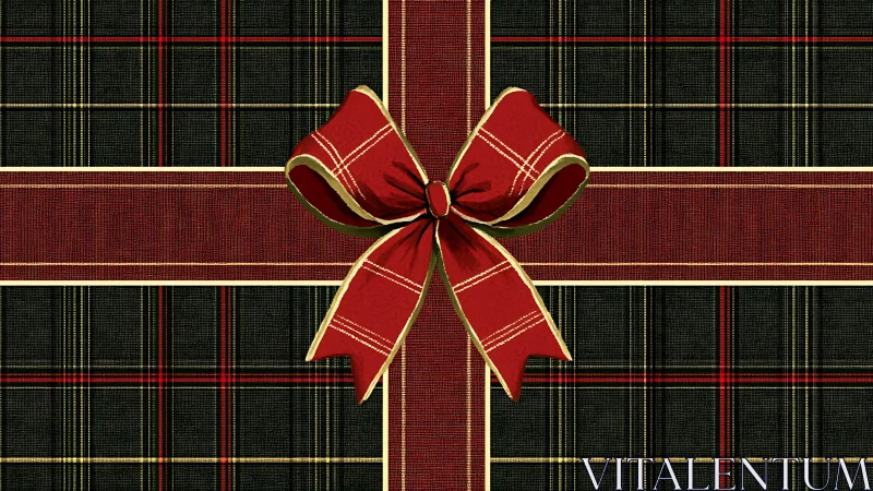 Red tartan gift ribbon cross with centered bow on dark plaid