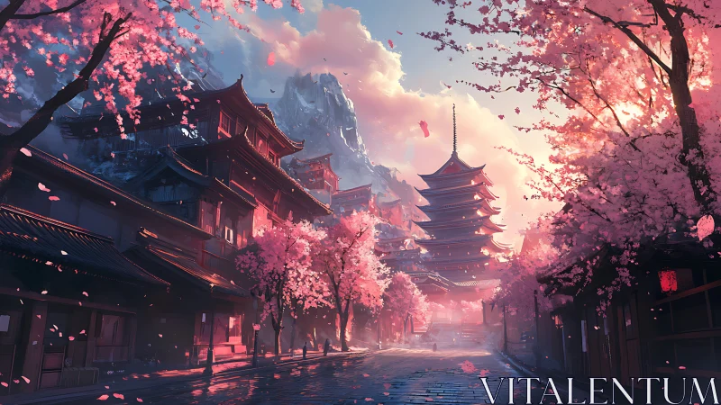 Cherry trees frame traditional pagoda and rooftops in spring