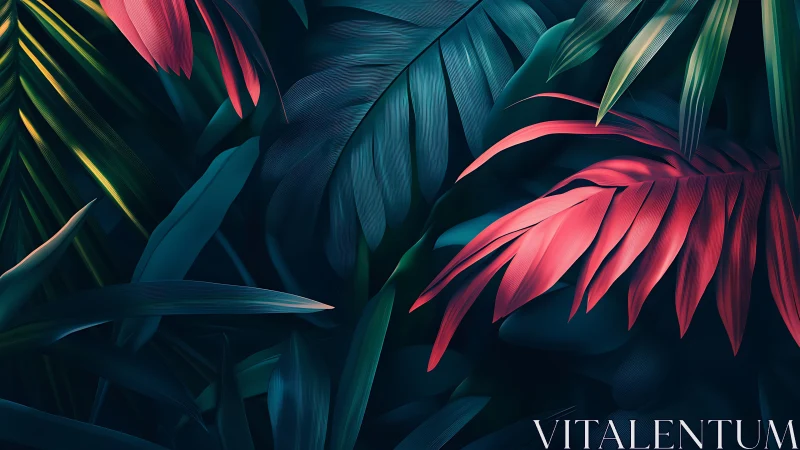 Vibrant digital jungle leaves with deep teal background.