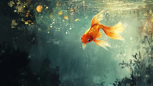 Golden fish suspended in deep teal abstract water scene.