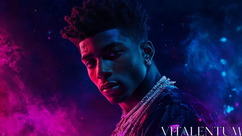 Neon rim-lit portrait in magenta cyan bicolor vapor cloud field