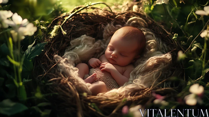 Newborn baby sleeps in nest-like bed among garden plants