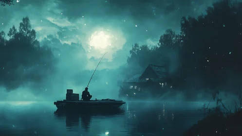 Moonlit angler drifts through teal mist on a whispering lake