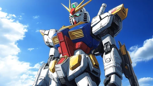 Celestial-frame mecha under dynamic atmospheric perspective.