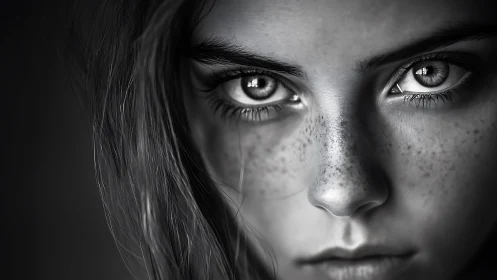Quiet storm of freckled eyes in monochrome close-up portrait.