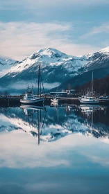 Snowbound fjord harbor with boats and axial mirror reflection.
