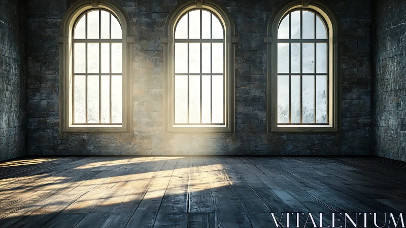 Empty stone hall with tall arched windows and sunlight.