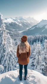 Woman in orange sweater overlooking snowy mountain valley.