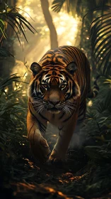Majestic tiger stalks through glowing jungle underbrush