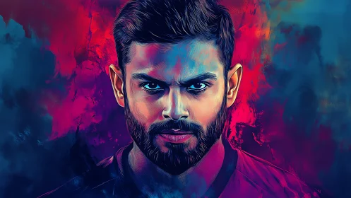 Intense male portrait in neon duotone digital artwork.