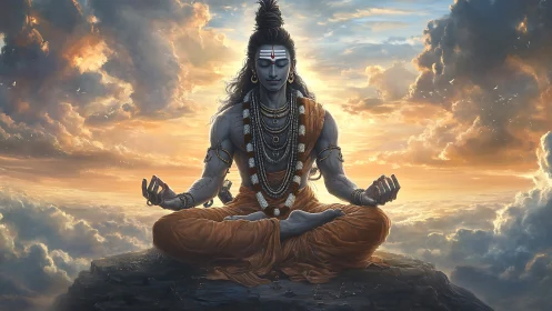 Skyborne ascetic radiates serene power above rolling clouds.