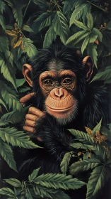 Gentle young chimpanzee gazes calmly from lush green leaves