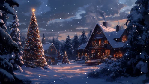 Cozy winter cabin glowing beneath a sparkling Christmas tree.
