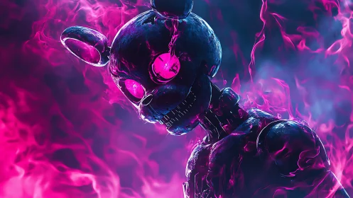 Chromed animatronic rabbit engulfed in neon magenta flames.