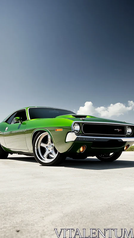Low-angle photoreal view of lime green classic muscle car.