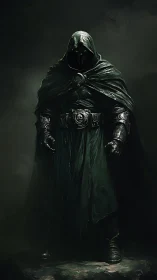 Mysterious cloaked guardian standing in swirling shadowed mist.