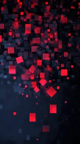 Red cubic elements on dark digital background field.