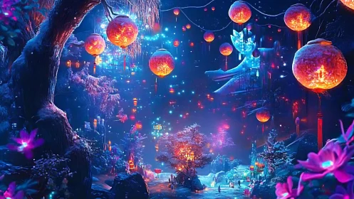 Lantern lit forest glows softly under a dreamy night sky