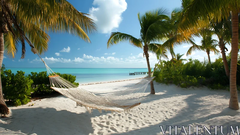 Tropical Paradise Beach Hammock Between Palm Trees