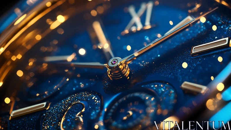 Macro view of luxury blue dial watch with bokeh reflections.