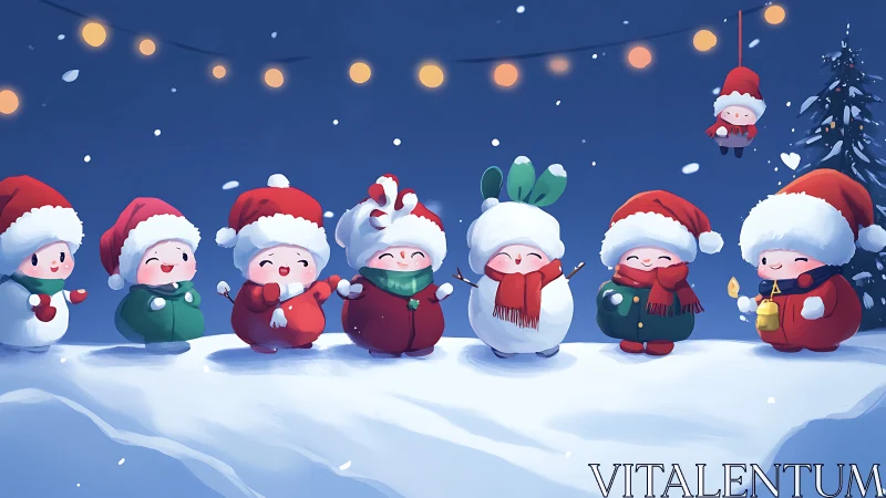 Snowy night lineup of cute Christmas chibi characters.