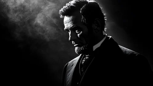 Brooding gentleman in smoke-soaked monochrome spotlight study.