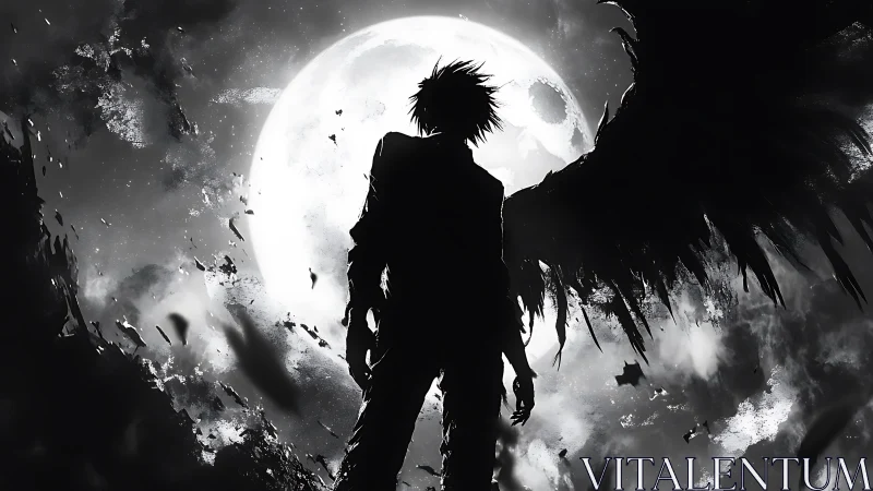 Silhouetted winged figure before full moon in grayscale sky.