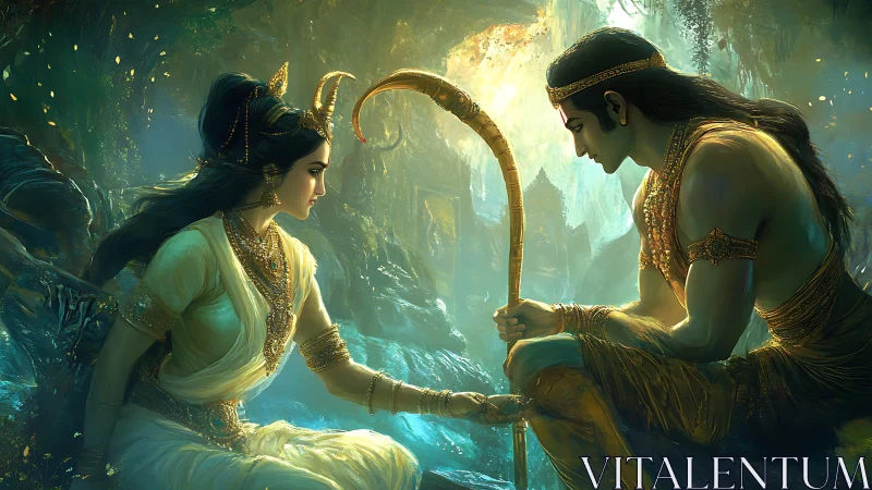 Mythic forest dialogue with luminous ceremonial regalia.