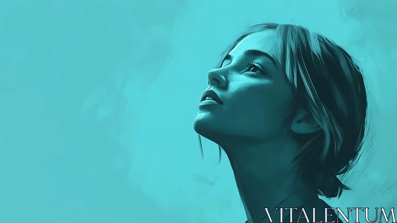 Monochrome cyan digital portrait isolates a pensive female profile