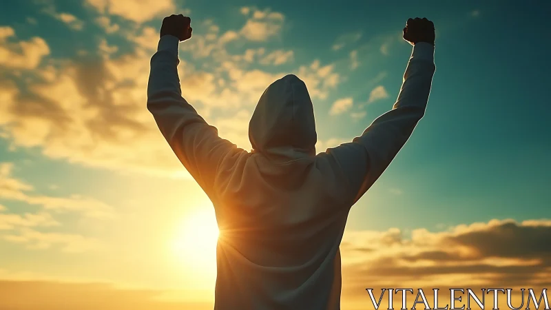 Hooded figure raises triumphant fists against glowing sunrise sky