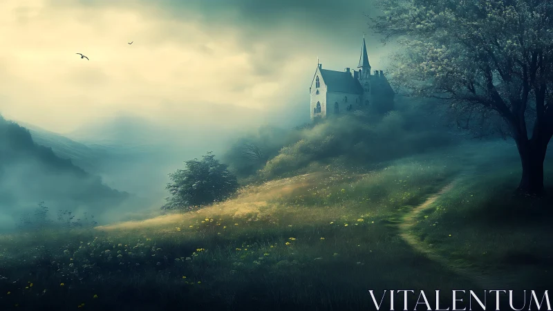 Mist-draped hilltop castle dreaming above a ghostlit path.