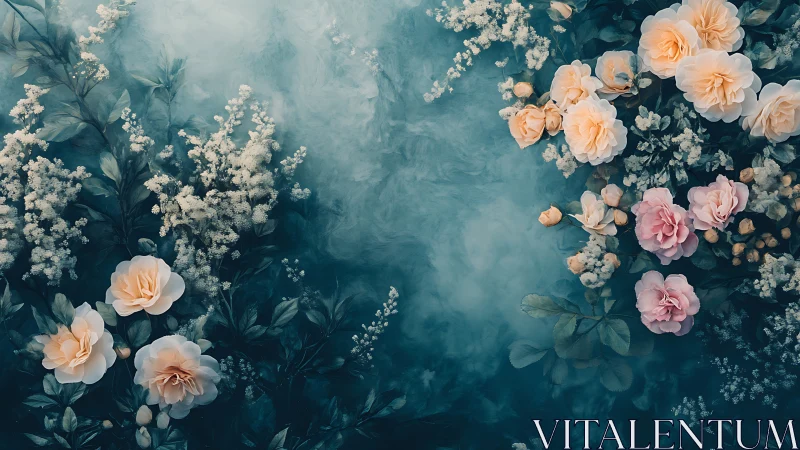 Overhead Arrangement: Layered Floral Composition with Teal Atmospheric Depth
