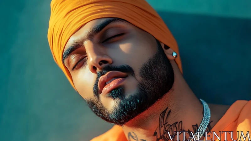 Close portrait of man in orange turban with tattoos.