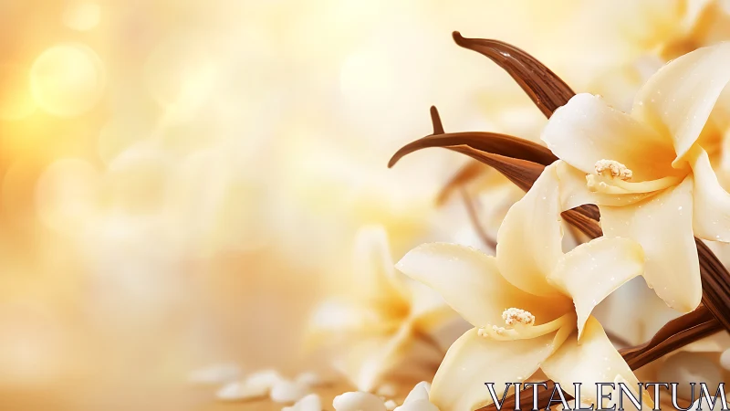 Vanilla Orchids with Pods: Luminous Floral Arrangement Study.