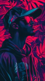 Neon-lit portrait of a hooded figure amid bold tropical leaves.