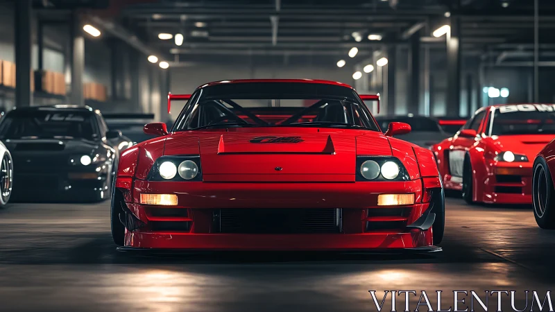 Track-prepped red sports car dominates cinematic garage scene