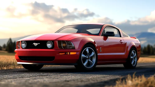 Red coupe muscle car on rural road at golden hour light