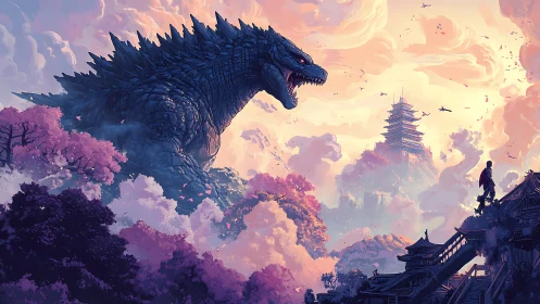 Large reptilian creature confronts human near stylized temple