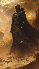 Armored desert sentinel strides through storm-lashed canyon