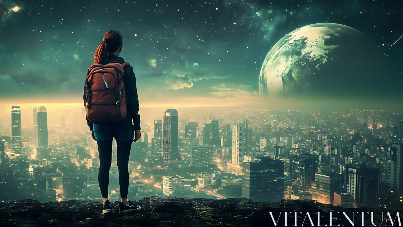 Digital painting skyline vista with cosmic planetary horizon.