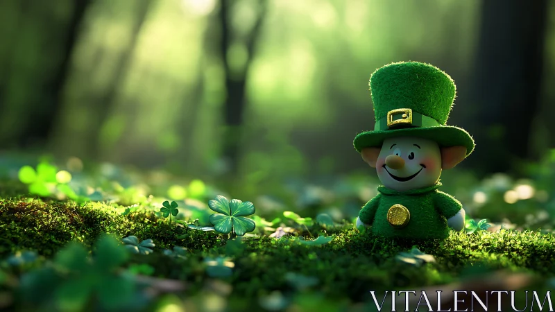 Leprechaun figurine on mossy forest floor with clovers.