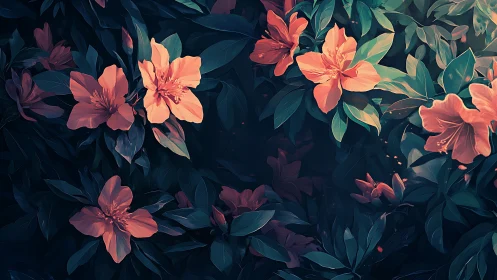 Coral Blossoms Against Dark Foliage.